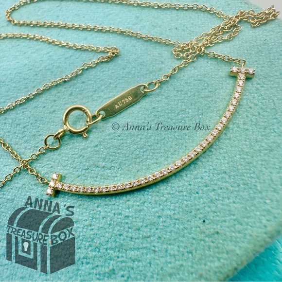 Tiffany & Co. 18K Yellow Gold SMALL T Smile Pendant w/Diamonds 16.5" Necklace - Picture 6 of 9